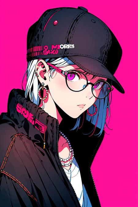 masterpiece,best quality,<lora:Saibogo:0.8>,1man,saibo,cyberpunk,hat,earrings,glasses,simple background,magenta background,pearls and jewels,