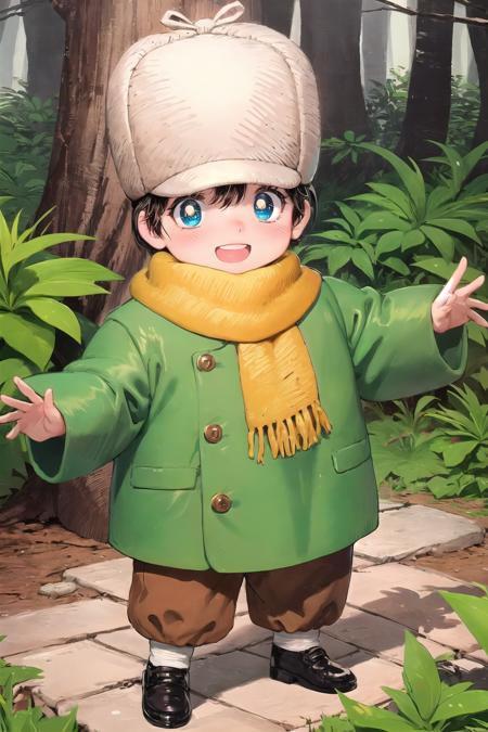 corio 1boy, child, short hair, fur hat, yellow scarf, green coat, brown pants chibi