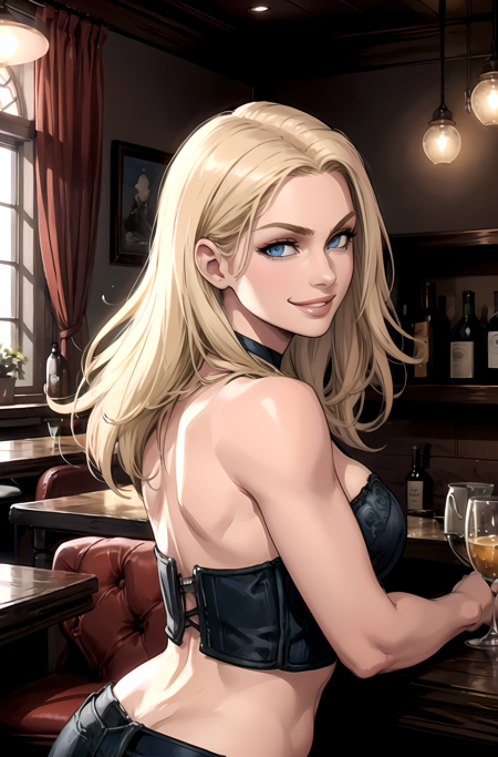 DMC4Trish, blue eyes, hair slicked back bustier, cleavage, midriff, leather wristbands, leather pants
