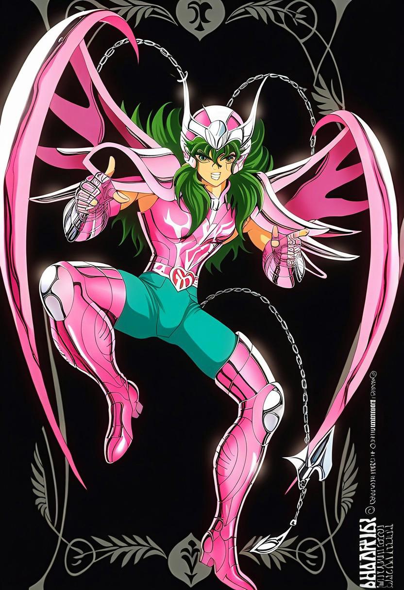 score_9, score_8_up, score_7_up, source_anime, masterpiece, best quality, 1boy, solo, andromeda shun, anshun, slim, pink sleeveless armor, long wavy green hair, pink helmet with two prongs and silver accents, pink vambraces, large pink pauldrons, fingerless pink gloves, pink thighhigh greaves, green pants, pink boots, stylized belt buckle with silver and pink accents, andromeda (symbol), black background, demoniac, dark, chiaroscuro, low-key, dynamic pose