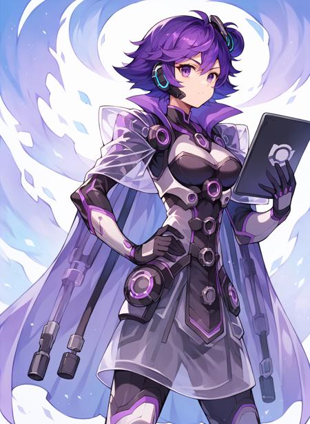 1girl，solo, backup sceretary , purple hair, hand on hip, cape, short hair, gloves, see-through, Hold. Tablet ， head-mounted display 