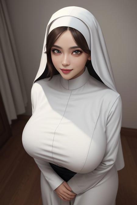 ((masterpiece, highres)),(b1mb0),((best quality)),(realistic:1.3),cinematic light,photorealistic,perfect lighting,(perfect eyes, detailed eyes), (perfect hands), (curvy:1.2), (big eyes),((nun)), thick,detailed hair, standing, full body, dynamic pose,detailed mouth,milf,mature woman,shiny skin,(puffy lips:1.2), gigantic breasts,thick lips,smile,<lora:add_detail:0.6>, <lora:epi_noiseoffset2:0.6> <lora:b1mb0_v3:0.4> <lora:GoodHands-vanilla:1>