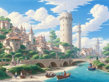 large medieval city, lively, fantasy, river, islands, bridges, white tower, sparkling, majestic, beautiful, stunning, dreamlike, ethereal, magic, art, hayao miyazaki, ghibli, extremely detailed, masterpiece
