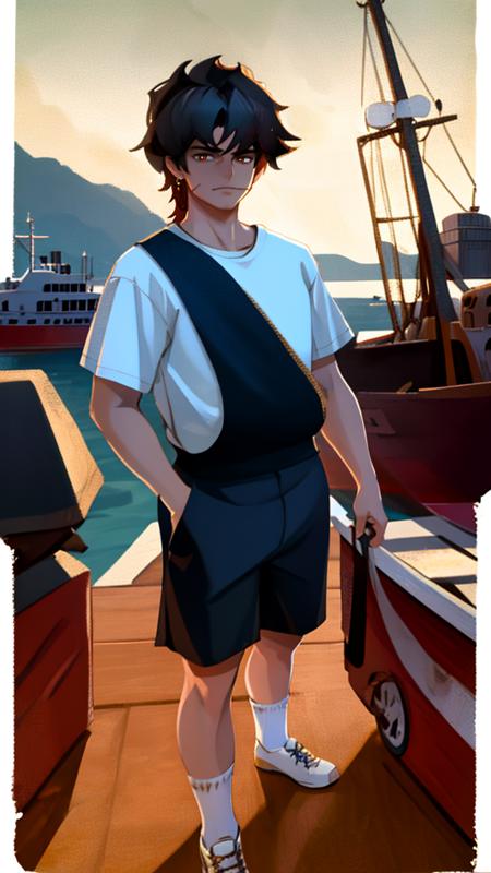 1boy,ganning,white shirt,masterpiece,best quality,highres,looking_at_viewer,rim light,incredibly absurdres,macro_shot,,harbor,<lora:ganning2:0.9>,shorts,<lora:yaoguai:0.9>,Q,