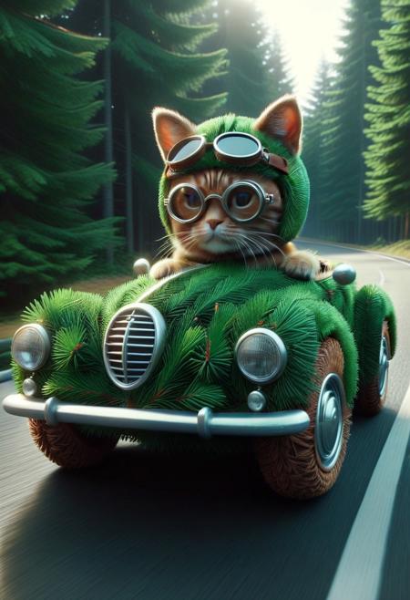 fir needle style, (made out of fir needles:1.3), cute small classic sports car, cat driving on, wear round goggles, wear animal ears helmet, run through in city, cinematic, cinematic lighting, (masterpiece, best quality:1.4), ultra-high res, 4k, Photorealistic, insanely detailed, sfw,