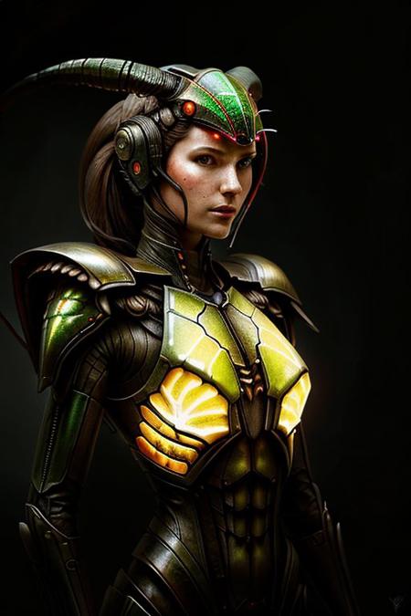 portrait of goddess (long neck, slender arms)) bio armor, helmet with horns, Mantis, greater stag beetle, (luminescen glowing), detailed background, floating particles, insect textures, scifi