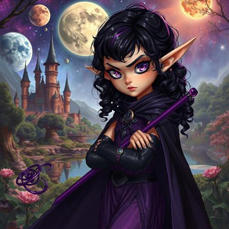 1girl, fantasy elf, long fantasy elven ears, natural lighting, realistic style, round cheek bones, full lips, small mouth, small nose, round face, black velvet boots laced with leather straps, petite, ((very thin waist:1.5)), body shaped like hourglass, long curled black hair with purple highlights, purple eyes, pupils showing, colourful planets and moon and stars and space in the background, a tome, zoomed out, full veiw, a purple elven metal armor, wearing a purple magical staff, long black cloak, hyperealistic, fantasy castlle sitting in a magical jungle in the background, a lake in the background, cute face, purple dress, angry look on her face,