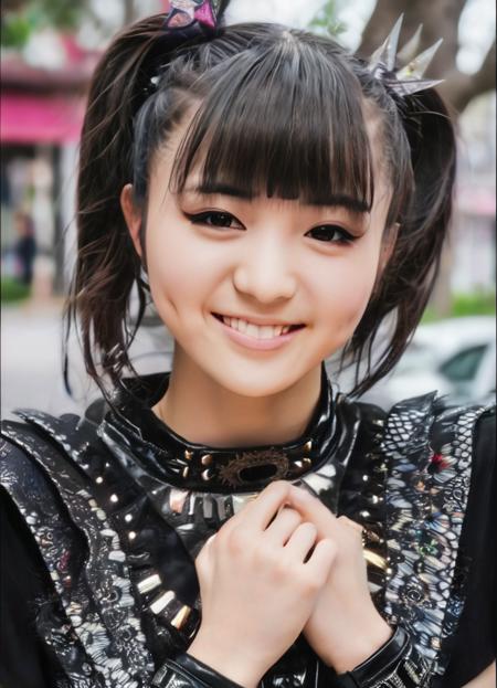 realistic, photorealistic, detailed, beautiful, RAW photo, film grain, (natural lighting :1.2), japanese, woman, raw photo, photo background, twintails, m0akiku, punk style, black outfit, 20 years old, detailed black eyes, bokeh, baby metal, smile <lora:m0akiku :1.15>, eyeliner