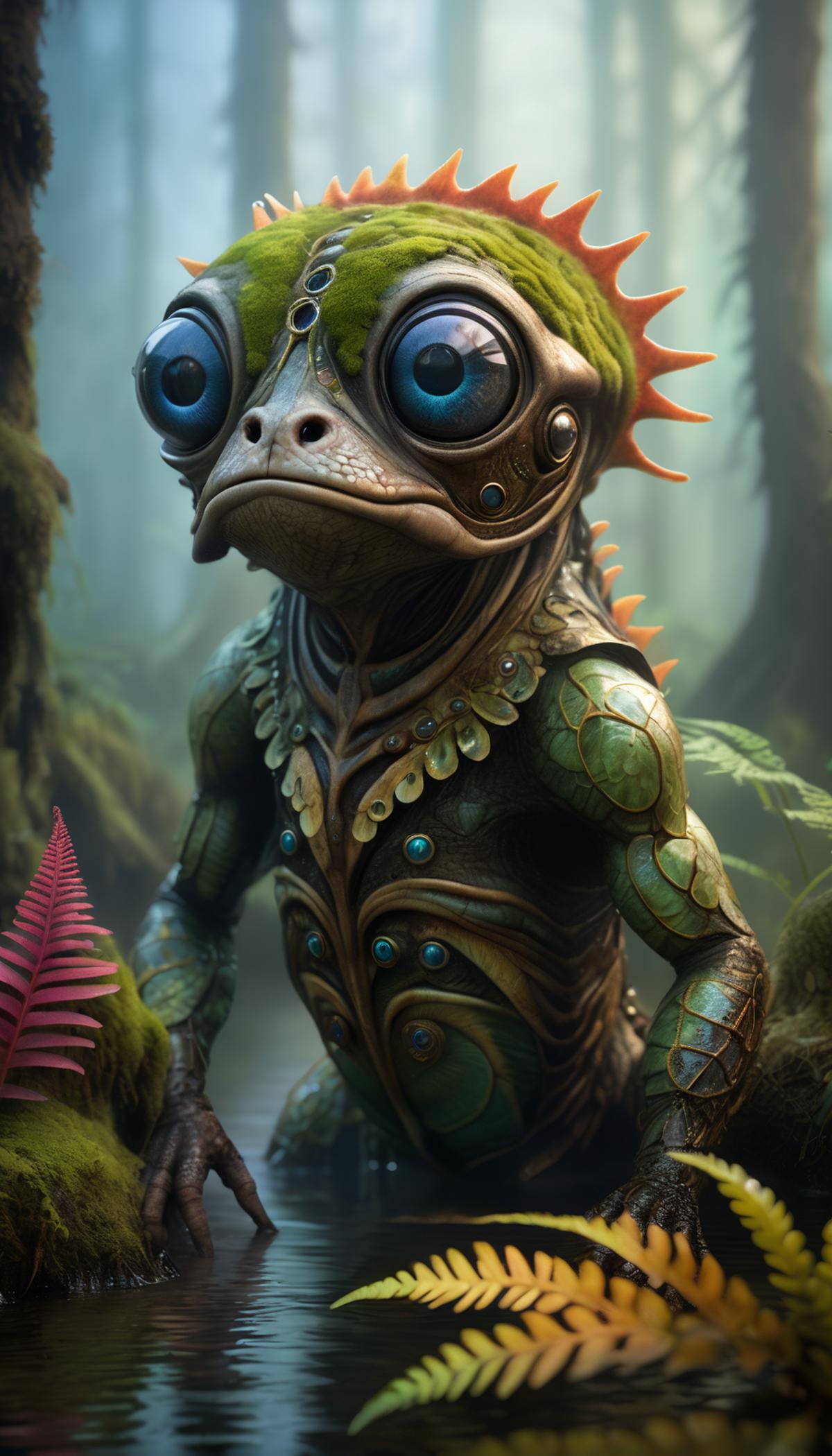 A green creature with blue eyes and a large fin on its head, standing in a jungle environment.