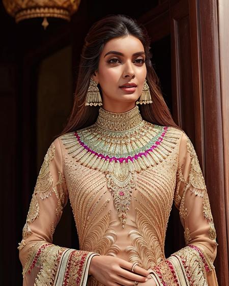 ultra-realistic hires photo of a (dpen woman), looking looking at viewer, elegant colorful high neck Indo-Western Gown with intricate details,  magazine photoshoot, low-angle shot camera angle   <lora:dpen_Diana_Penty_SD15_LoRA_Adafactor:1>