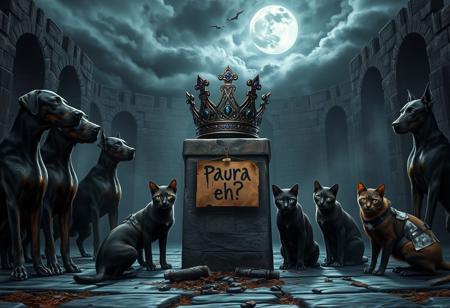 Under a stormy sky, a medieval arena carved from ancient stone is illuminated by cold, silvery moonlight. The scene is tense, with five Dobermans standing on one side, their muscular forms clad in dark, battle-worn armor engraved with intricate patterns. Their eyes glow with an unnatural intensity, and their breath forms mist in the chilly night air. Opposite them, five enigmatic cats crouch low, each wearing patchwork armor made from scavenged materials—leather, metal, and bones. Their reflective eyes glint in the darkness as their tails flick in anticipation. At the center of the arena, a stone pedestal holds a crown made of twisted metal and dark, glimmering jewels, emitting an eerie, pulsating glow. The ground around the pedestal is littered with remnants of past battles—broken weapons and shattered armor. A weathered cardboard sign, hanging from the pedestal, reads “Paura eh?” in jagged, dripping script, as if taunting both sides. The atmosphere is charged with suspense as the Dobermans and cats, driven by a mixture of fear and determination, prepare for the imminent clash under the watchful, ominous moon.