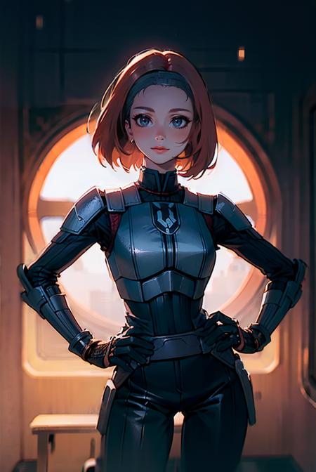 1 woman, bokatan, armor, <lora:ARWbokatan:1>, red hair, full body pose, hanggar space, earth planet, comet, Photorealistic, Hyperrealistic, Hyperdetailed, analog style, hip cocked, demure, low cut, detailed skin, matte skin, soft lighting, subsurface scattering, realistic, heavy shadow, masterpiece, best quality, ultra realistic, 8k, golden ratio, Intricate, High Detail, film photography, soft focus, blurry background