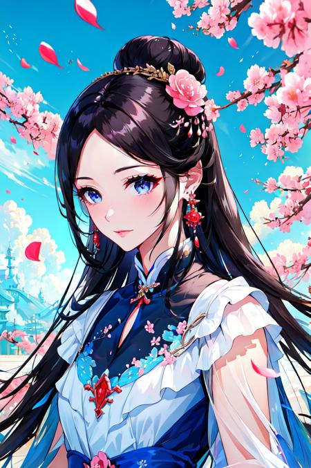 Regality Style, 1girl, black hair, blue sky, chinese clothes, dress, earrings, falling petals, hair bun, hair ornament, jewelry, long hair, petals, sky, solo, upper body, white dress <lora:Regal:1>