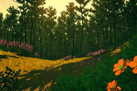 masterpiece, ultra-detailed, best quality, illustration, 8k cg wallpaper, an extremely delicate and beautiful, stunning landscape, forest, trees, bushes, flowers, grass, intricately detailed items in background, <lora:Firewatch:1>