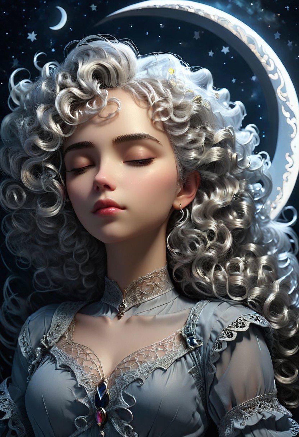 A stunningly realistic full image photo of a beautiful female with curly silver hair sleeping on a pointy, 
crescent moon....
