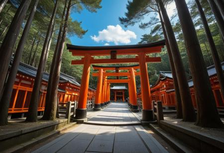 Very beautiful Fushimi Inari Shrine, Japan , a temple site, sunny blue sky background and large dense forest. Very realistic photography.