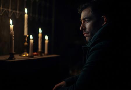 professional photo, side view photo of Caucasian man in kneeling in front of an altar with 3 lit candles on it, wearing a dark blue parka, serious face, contemplative expression, dark features, dramatic shadows, very dark and underexposed, face lit only by candles, all else dark