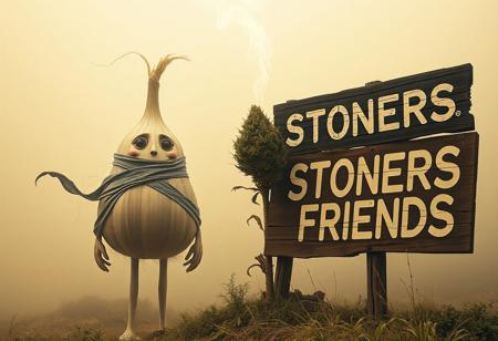 Imagine this surreal, fog-laden scene: a human-like garlic figure floats gracefully, its face bearing expressive eyes that make direct contact with the viewer. It’s wrapped in a windswept cloak that adds to its mysterious allure. Beside it stands a relaxed, anthropomorphic weed bud, grinning as it exhales smoky tendrils that mingle with the swirling, looping air around them. To the side, a rotten wooden sign reads STONERS FRIENDS, its letters faded and chipped, barely clinging to the worn-out wood. The entire scene, captured in intricate, award-worthy detail, has the warm, grainy look of a vintage 35mm photograph, with Kodachrome tones and a dreamy vignette that lend a nostalgic, Lomography-inspired feel.