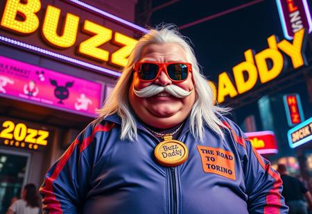 Buzz Daddy is a larger-than-life character, exuding charisma with a signature grin reminiscent of Riccardo Villalobos. His playful, lighthearted aura contrasts with his bulky, chubby physique. He’s decked out in a corporate tracksuit with vibrant psychedelic details, featuring a standout orange piece that reads “The Road to Torino.” His look is completed by a massive yogurt buckle shaped like a buzz coin, long, straight white hair, and a bold custom biker mustache that adds a rugged touch to his eccentric style. His Ray-Ban Wayfarer goggles reflect the electric glow of digital yellow signs, while he mischievously tosses stacks of Buzz coins around.
Buzz Daddy’s personality is zany, artistic, and captivating—his presence radiates the vibe of a meme king who thrives on humor and unpredictability. In the scene, “Buzz Daddy” is showcased in luminous, cinematic letters, whether displayed on a neon-lit billboard, a glowing mural, or boldly printed across his ultra-realistic jacket. The composition merges digital and artistic styles, creating a playful yet composed visual experience. The atmosphere is surreal and meme-driven, highlighting Buzz Daddy’s larger-than-life persona with influences from aidmafluxpro1.1, aidmaMJ6.1, and aidmahyperrealism, ensuring an unforgettable visual impact.