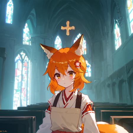 ((best quality:1), (masterpiece:1), (ultra-detailed:1):1.3), dark night, low brightness, detailed background, cinematic lighting,, sen, animal ears, fox ears, fox girl, fox tail, hair flower, hair ornament, orange eyes, orange hair, short hair, tail, flat chest, 1girl, solo, kimono, miko, japanese clothes,, girl explores ruins of church, broken stained glass, deserted spaces, detailed background, upper body, arms behind back,