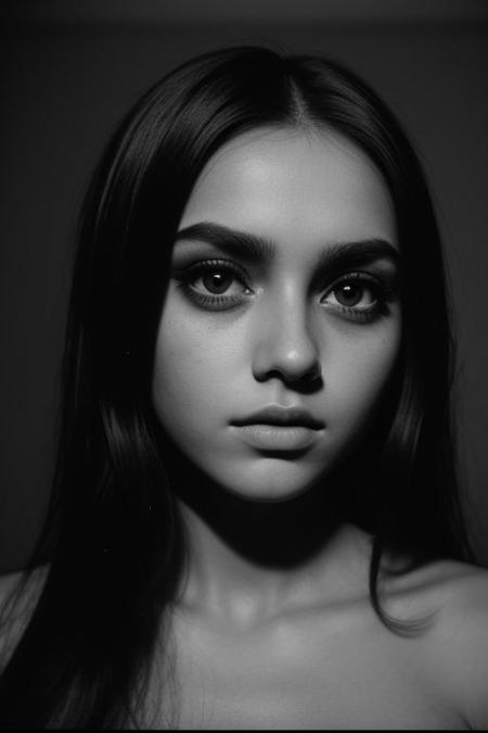 Beautiful 21 year Old woman diamond shaped face, big eyes, dark eye shadow, dark makeup, high contrast bnw photo, analog film photo, deep shadow, heavy Film grain