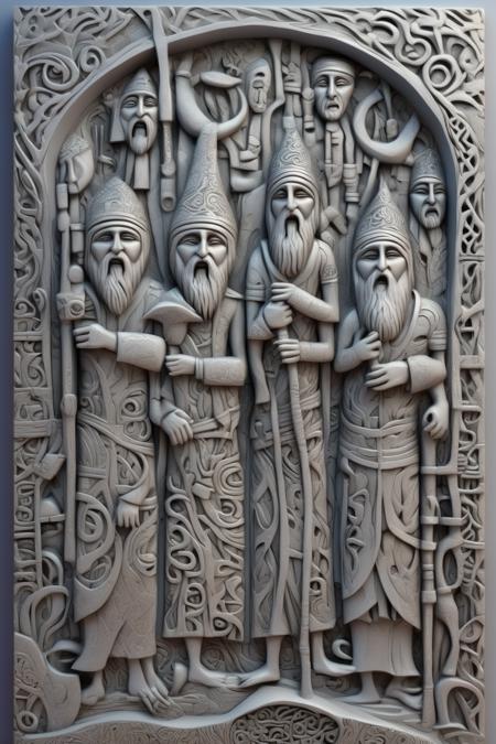 <lora:BAS-RELIEF:1>BAS-RELIEF - full front elevation vue old arabic men in the style of silver and gray, detailed dreamscapes, sgraffito, celtic art, tangled forms, ultrafine detail, yup'ik art Mix between Acrylic Molding and Thick Impasto 3d wallpaper 8k realistic texture