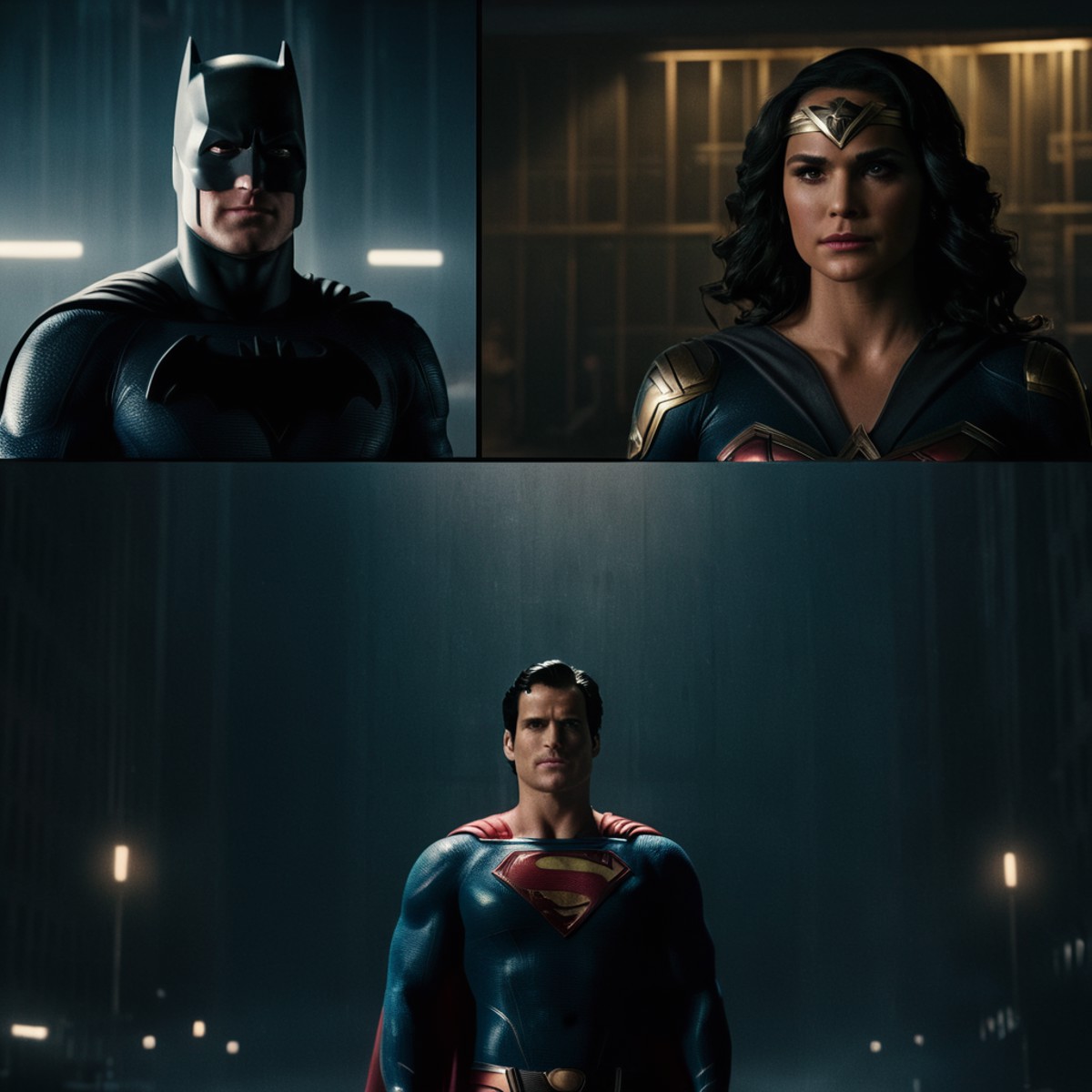 cinematic film still of  <lora:Split Screen Style:1> 
a series of three different images of superman, batman, wonder woman...