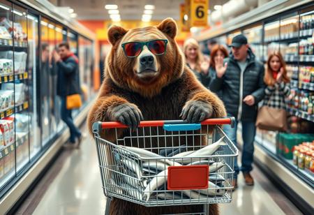 score_9, score_8_up, score_7_up, realistic, photo, high quality, extreme detail, photogenic, (((photorealistic))), best quality, realistic lighting, source_photo, 
a brown bear is in a grocery store pushing a shopping cart, the bear is putting frozen fish into its shopping cart, the shopping cart is full of fish, other grocerie shoppers are waving at the bear, the bear is wearing Groucho glasses, beaglepuss, the other shoppers think the beare is a fellow human because if its disguise, funny, goofy, a little stupid and probably slightly artistic,