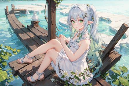 1 girl, solo, highres, looking at viewer, masterpiece,best quality, extremely detailed, perfect lighting, sunny, light tracing, detailed beautiful face, looking at viewer, white dress, see-through, thights, braid, pointy ears, side ponytail, multicolored hair, white hair, green hair, gradient hair, green eyes, symbol-shaped pupils, bare shoulders, smile, white bloomers, soft shadow, sitting, footwear, bare legs, from above, from side, <lora:nahidaGenshinImpactV1:0.45>