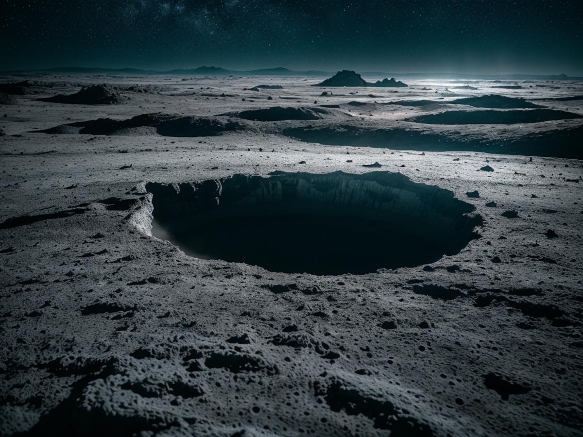 A large crater on the moon at night.