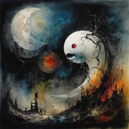 Dark Cosmic Architect, anthropomorphic moon, color Ink illustration by Stephen Gammell, heavily inspired by the unsettling symbolism of Johfra Bosschart, abstract flourishes of Joan Miro, abstract surrealism, deep colors, macabre, beautiful, smooth,