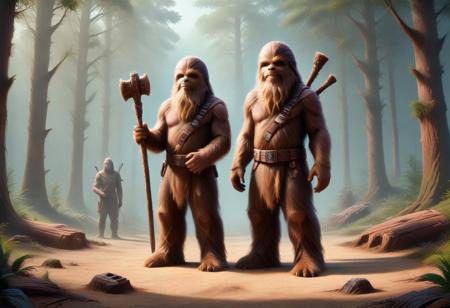 To create an image of obtaining Wroshyr wood from Kashyyyk, consider:
* A dense, vibrant forest with ancient trees
* Wookiees using primitive tools to harvest wood
* A lively atmosphere with community and cooperation
* Incorporate sounds and smells of the forest
* Convey respect and harmony between Wookiees and environment
* Showcase Wookiees' connection to nature and role as guardians
* Depict Wookiees' tools and equipment in a primitive yet effective way
* Emphasize community and cooperation among Wookiees
* Highlight Wookiees' understanding of the forest and its rhythms
* Create a sense of peace and tranquility in the image
* Inspire a sense of wonder and awe with the beauty of the forest
* Use rich textures and details to bring the image to life
* Ensure the overall mood is one of harmony and balance.