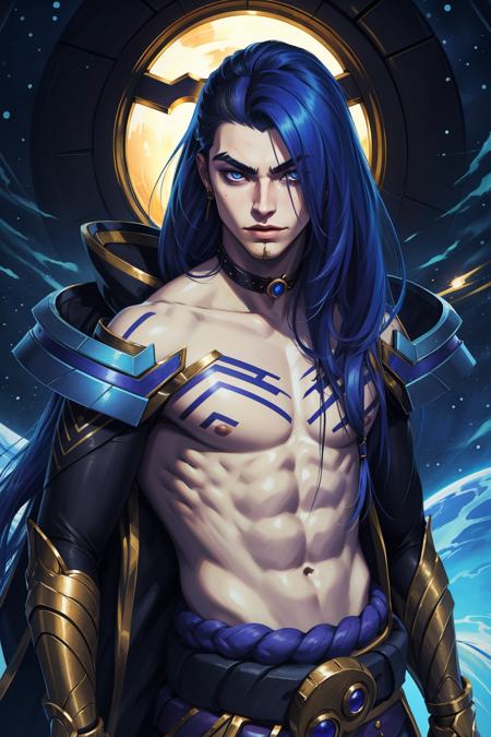 (masterpiece, best quality:1.2), intricate details, <lora:odyssey_kaynV2-000014:1>, odyssey shadow assassin, 1boy, male focus, long hair, topless male, blue skin, belt