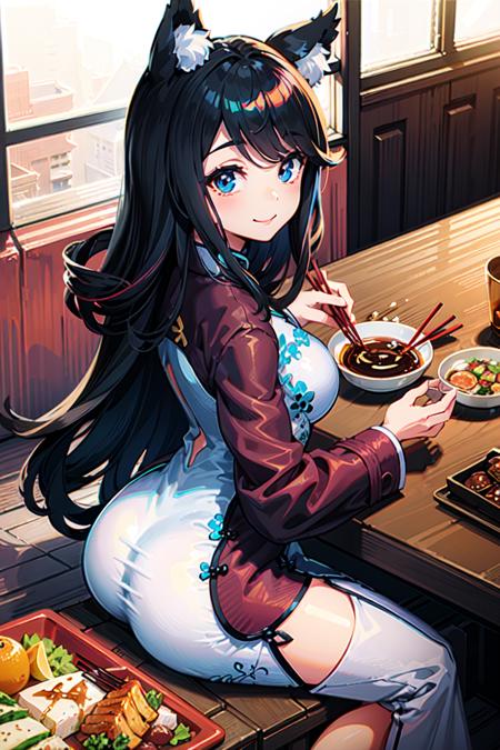 <lora:fusou_v1.0-000009:0.8>,fusou\(azur lane\),china dress, coat,white dress,animal ears,blue eyes,sitting,chopsticks, smile, indoors, from above, food and tea on the table,, masterpiece, best quality, extremely detailed face, sharp details, high contrast,