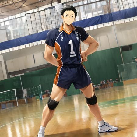 daichi sawamura, solo, 1boy, muscular male, volleyball uniform, shirt, short sleeves, action pose, volleyball net, gym,