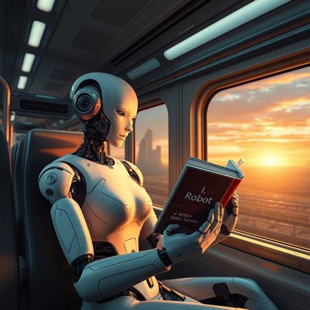 Robot humanoid woman sitting in futuristic train and reading a book "I, Robot" by Isaac Asimov", she is holding book upside down. train is passing by futuristic landscape.