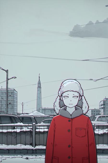 ls, chromatic aberration, (white eyes), 1girl, solo, upper body, soviet buildings on background, soviet buildings, winter, blizzard