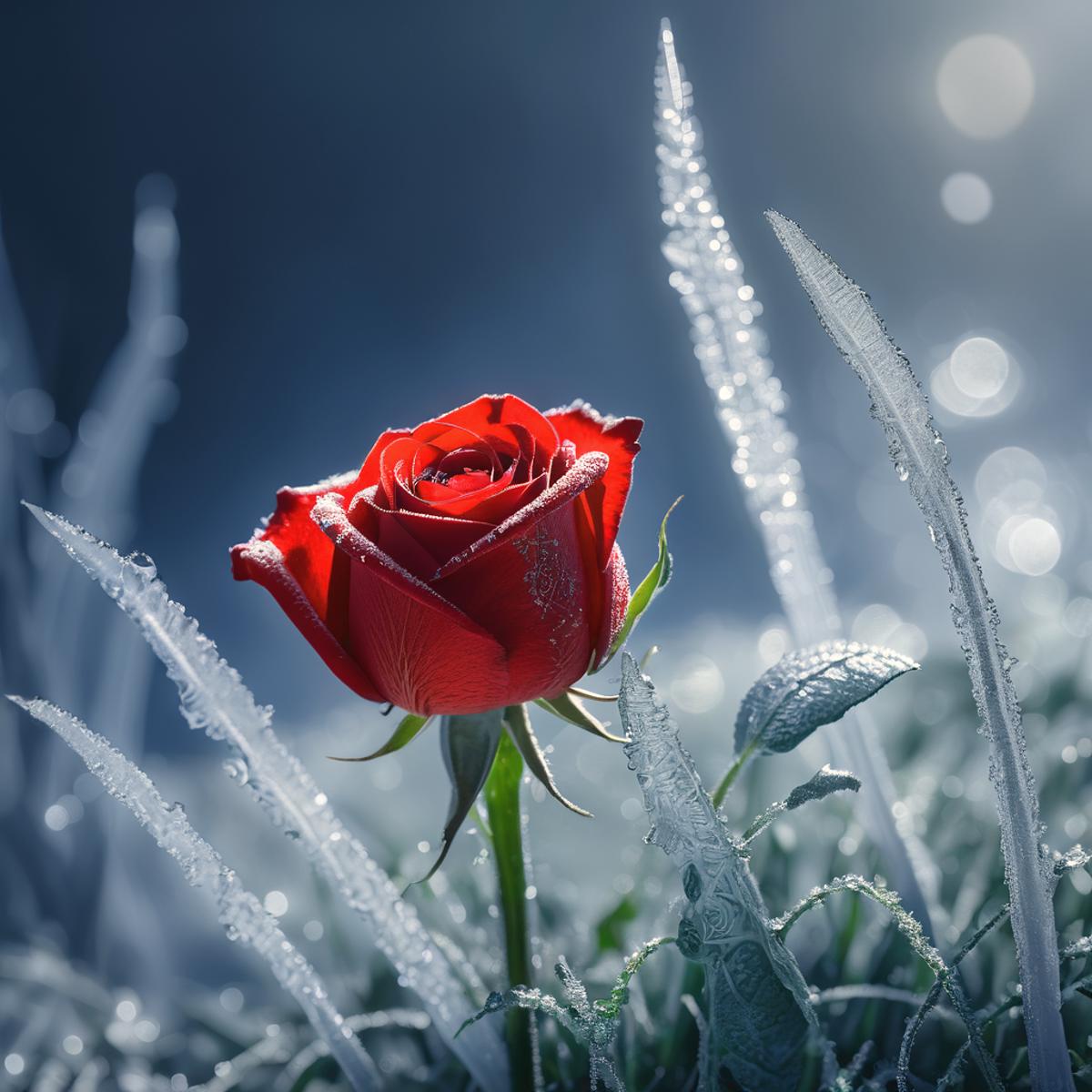 A beautiful rose in the frosty grass.