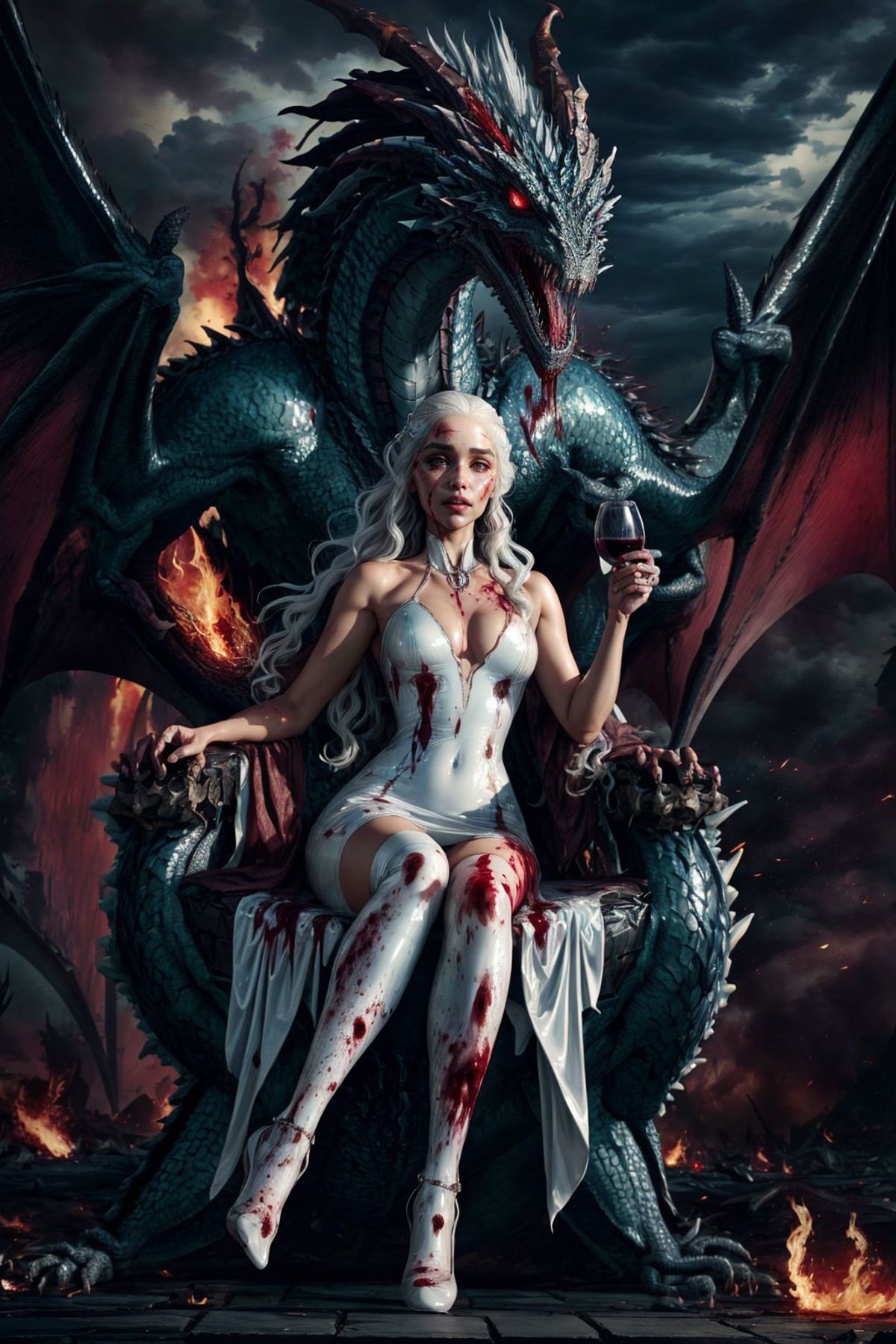 A painting of a woman wearing a white dress and holding a wine glass while sitting on a dragon.