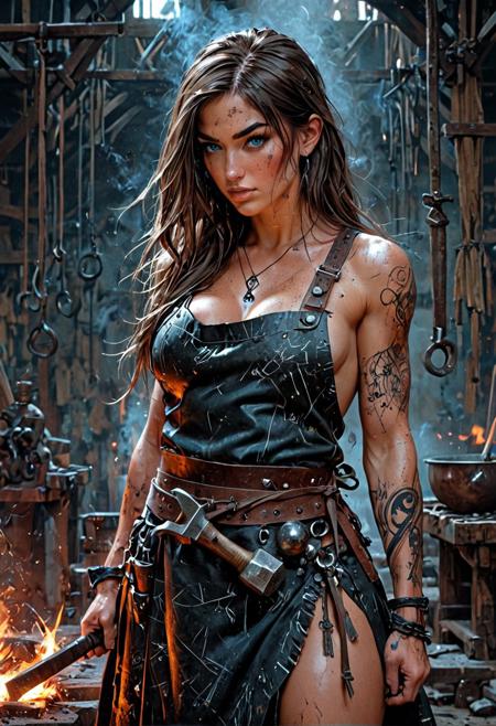 1girl, (solo:1.1), woman, blacksmith, black hearts, brown hair, long hair, tied hair, cleavage, blush, leather apron, focused, hammer and anvil, tool belt, forge background, tattoos, perfect anatomy, approaching perfection, dynamic, highly detailed, smooth, sharp focus, art by Carne Griffiths and Wadim Kashin, trending on artstation, sharp focus, intricate details, highly detailed, by greg rutkowski, mysterious, epic, cinematic, digital art, 4k,   <lora:EpicF4nta5yXL:1>, blue eyes, looking at viewer, sweat, sweaty, smoke in the background