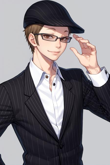 masterpiece, best quality, solo, smile, 1boy,  looking at viewer,  <lora:Joe_Fp:1>, joedesu2, suit, collared shirt, pinstripe pattern, glasses, hat, simple background,