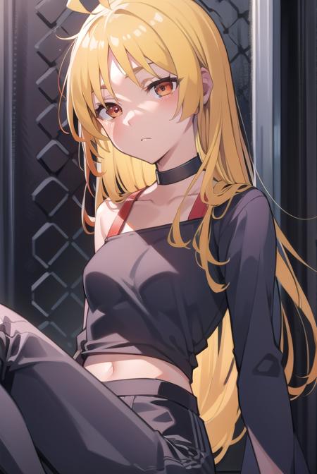 seikaijichi, <lora:seikaijichitest:1>, seika ijichi, ahoge, blonde hair, yellow hair, long hair, (red eyes:1.5), parted bangs, sidelocks,
BREAK black footwear, black shirt, choker, high heels, long sleeves, pants, shirt, striped, striped pants, vertical stripes, vertical-striped pants,
BREAK looking at viewer,
BREAK indoors, club,
BREAK <lora:GoodHands-vanilla:1>, (masterpiece:1.2), best quality, high resolution, unity 8k wallpaper, (illustration:0.8), (beautiful detailed eyes:1.6), extremely detailed face, perfect lighting, extremely detailed CG, (perfect hands, perfect anatomy),