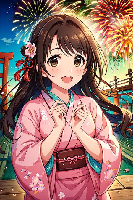 masterpiece, top quality, best quality, official art, beautiful and aesthetic,
1girl, shimamura uzuki, japanese clothes, brown hair, kimono, brown eyes, long hair, fireworks, festival, smile, yukata, hair ornament, bag, pink kimono, open mouth, flower, solo, hair flower, blush, summer festival, 
extreme detailed,highest detailed, optical mixing, playful patterns, lively texture, unique visual effect,