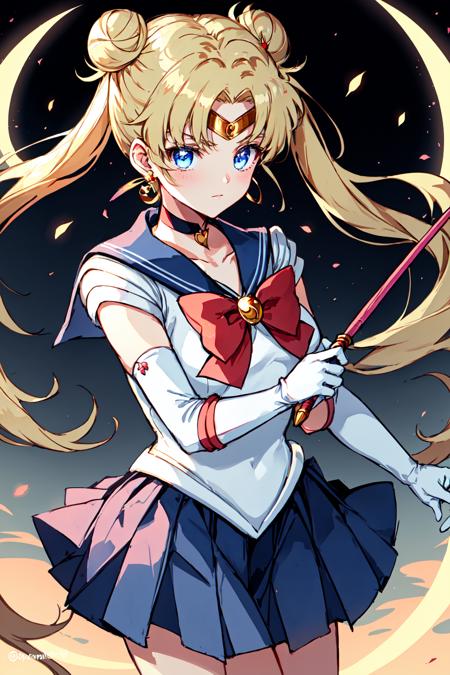 Alternative Sailor Moon,  1girl,  bangs,  blonde hair,  blue eyes,  blue sailor collar,  blue skirt,  bow,  bowtie,  choker,  circlet,  closed mouth,  crescent,  crescent earrings,  double bun,  earrings,  elbow gloves,  floating hair,  gloves,  glowing,  hair bun,  holding,  holding wand,  jewelry,  long hair,  magical girl,  parted bangs,  red bow,  red choker,  sailor collar,  sailor senshi uniform,  skirt,  solo,  twintails,  twitter username,  upper body,  wand,  white gloves, <lora:EMS-49403-EMS:0.600000>