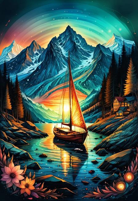 Pencil_morph_style Beautiful sailboat made of pencil on sparkling waters at a Skandinavien fjort, Mountain made of pencil, Sunset, Digital watercolor Illustration of a WinterScape sunset, by Waterhouse, Carne Griffiths, Minjae Lee, Ana Paula Hoppe, Stylized watercolor art, Intricate, Complex contrast, HDR, Sharp, soft Cinematic Volumetric lighting, flowery pastel colors, wide long shot, perfect masterpiecedetailed matte painting, deep color, fantastical, intricate detail, splash screen, complementary colors, fantasy concept art, 8k resolution trending on Artstation Unreal Engine 5, SoraSleepAI, Circle