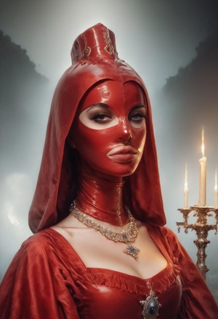 score_9, score_8_up, score_7_up, rating_safe, concept art, realistic, dark theme, low light, easynegative, perfecteyes, dvr-gs, Portrait, 1girl, solo.
long dress, Diamond necklace, latexHood noHair, smooth Red latex Hood, no Hair. ((Red))
medieval castle ballroom, haze, fog, candles, incense.