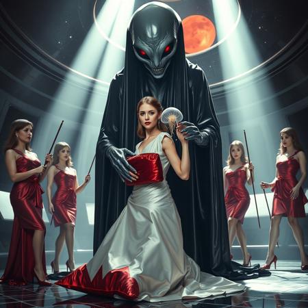 high-society elegant slender norvegian rich innocent young bride  kneeling  weird red glossy foil pillow from behind. She is ensnared by a towering, gray human-like alien, draped in a long, glossy black slime cloak, its eyes gleaming red with an otherworldly intensity.  its hands  putting slime transparent alien jellyfish at her head. Encased in light beam from the alien breeding chamber celling. Surrounded by strict ladies wearing  glossy satin dominatrix attire and glossy high heels,  holding whips.   weird wet-look black slime  walls and floor, colossus observation blister to outer space full of stars, bright red moon, vintage-inspired makeup, long hairs, ultra thin waist, evil grin, porcelain skin, lipstick, red nails, in the style of a haunting, retro-futuristic 1950s sci-fi nightmare, horror, alien space base,,