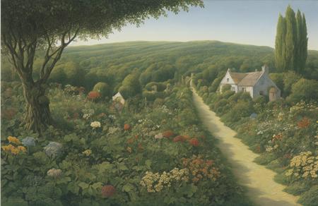 style of Roger Dean, hedgerow,terrace ,plot ,estate ,