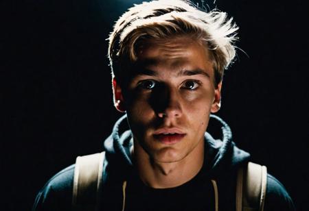 A Swedish 19 year old man, stuck in an endless black void, aimlessly wandering, confused terrified face, perfect face, tired face with bags under his eyes, short light brown hair with a 2/5 part, brown eyes, high contrast, high detail, high quality, 8k, arri Alexa, cinema quality, dark, best quality, high budget feel, far away from camera