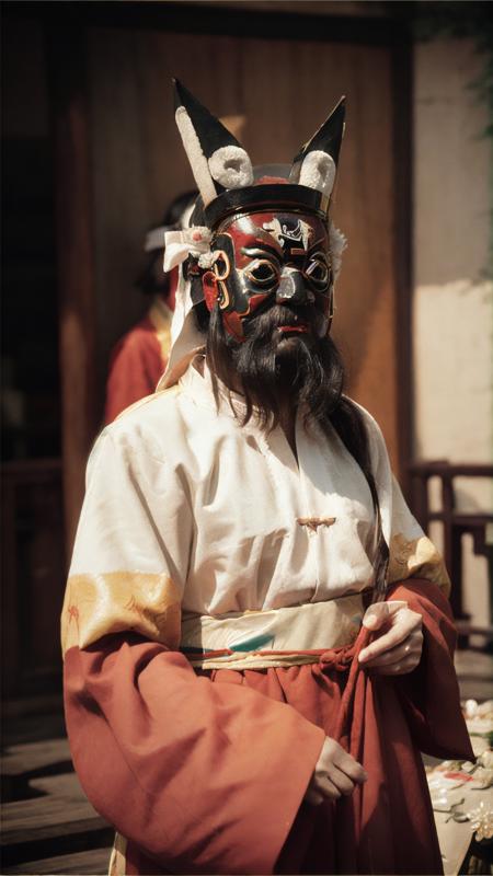 nuoxi,<lora:nuoxi-000005:0.8>,<lora:add_detail:0.3>,fine - art photography,soft portrait shot 8 k,unsplash,kodak ultra max 800,85 mm,facial hair,male focus,red chinese clothes,hanfu,mask,